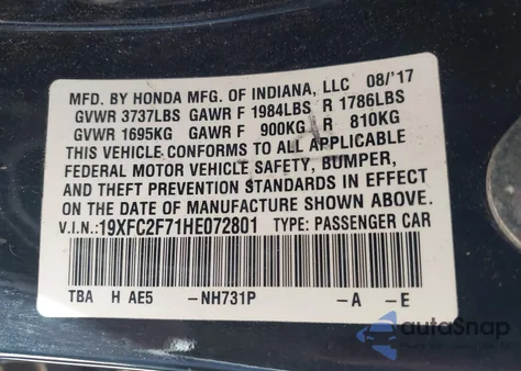 2017 Honda Civic Ex из США, поврежденный, VIN 19XFC2F71HE072801